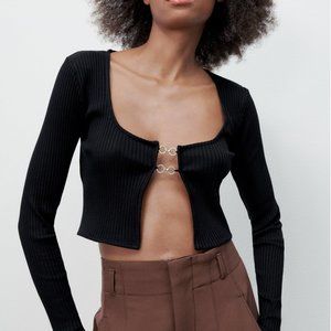 Zara Knit Ribbed Cropped Cardigan With Metal Appliques New With Tags NWT